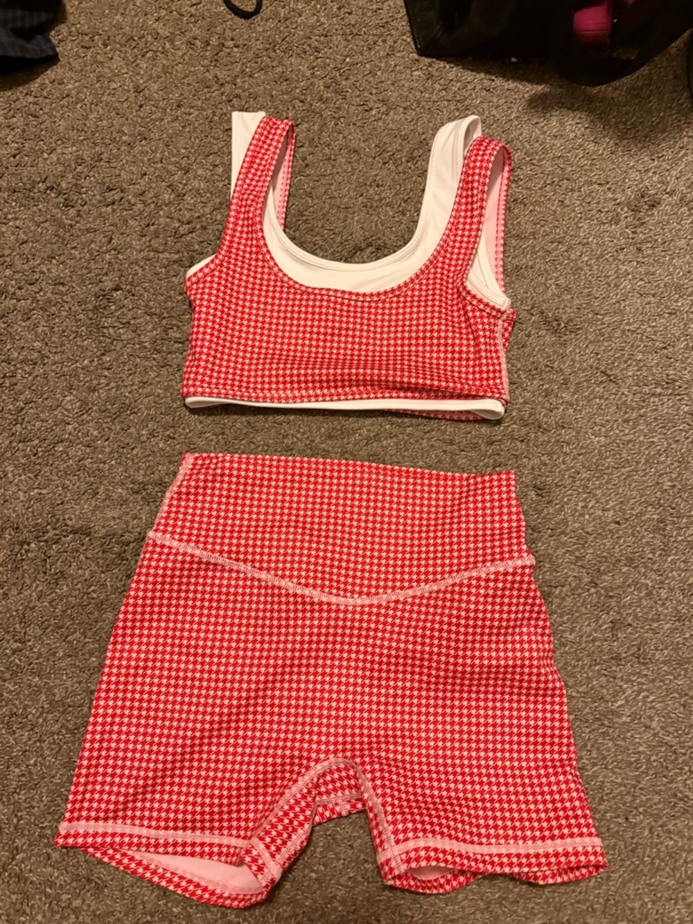 Red Houndstooth Crop Tank and High-Waist Bike Shorts Set - ACTA